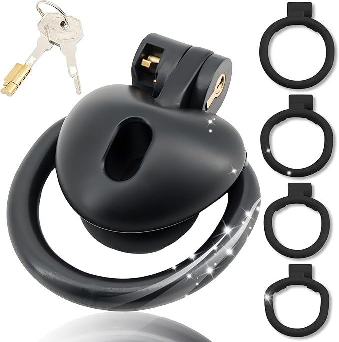 Heart-Shaped Chastity Cage Lock Set with Urine Holder and 4 Curved Rings,Negative Sissy Cock Cages in 2 Sizes Short/Long SM Bondage Fetish Sex Toys for Mens (Black,Short)