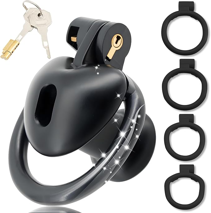 Heart-Shaped Chastity Cage Lock Set with Urine Holder and 4 Curved Rings,Negative Sissy Cock Cages in 2 Sizes Short/Long SM Bondage Fetish Sex Toys for Mens (Black,Short)