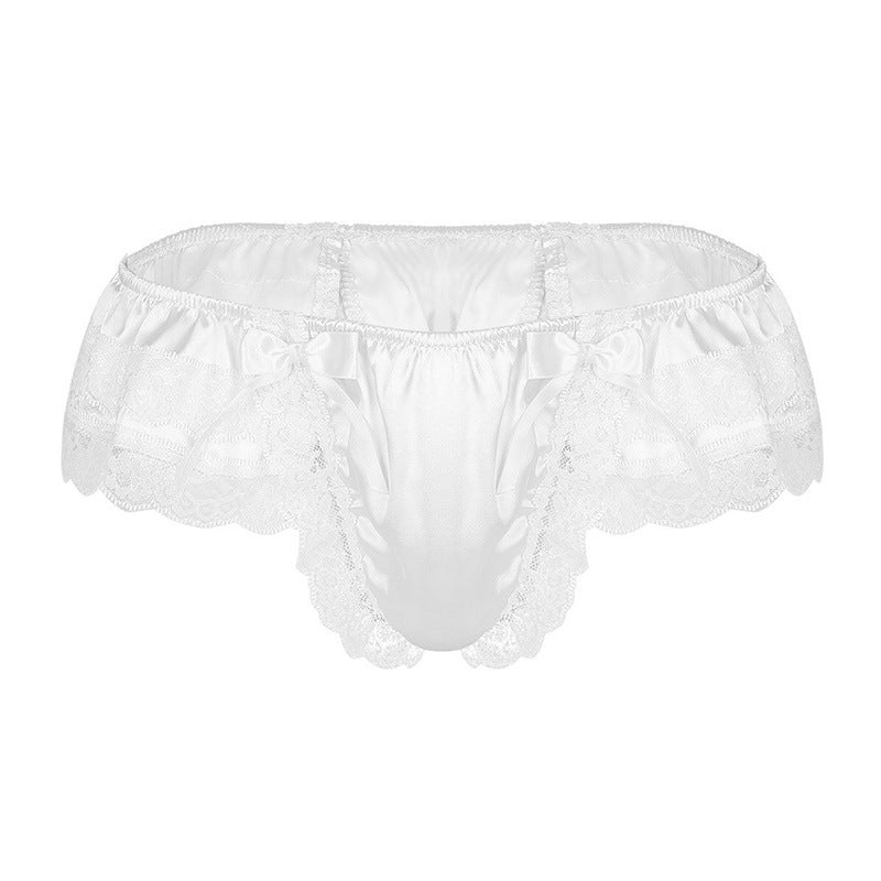 Elegant Gay Men's Sissy Panties: See-Through Mesh Lace Thongs with Bowknot Detail, Open Crotch Jockstrap, and Chic Bikini Underwear Cover