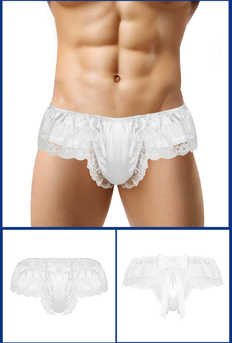 Elegant Gay Men's Sissy Panties: See-Through Mesh Lace Thongs with Bowknot Detail, Open Crotch Jockstrap, and Chic Bikini Underwear Cover