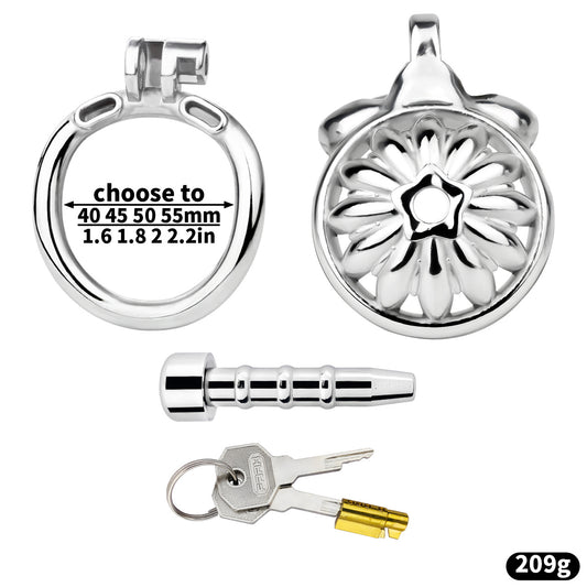 Compact Stainless Steel Male Flat Chastity Cage with Catheter - Secure Locking Cock Cage & Ring - Discreet Men's Intimate Toy & Belt