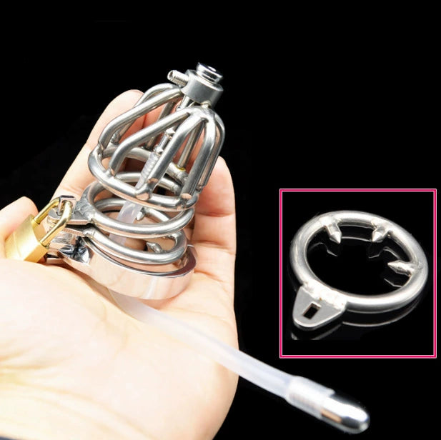 Prisoner genuine stainless steel chastity device for men with metal belt silicone catheter chastity lock belt anti-slip ring
