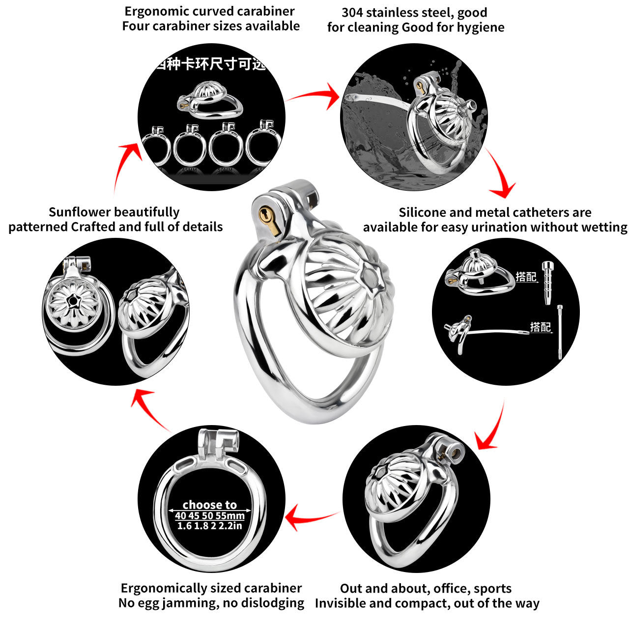Compact Stainless Steel Male Flat Chastity Cage with Catheter - Secure Locking Cock Cage & Ring - Discreet Men's Intimate Toy & Belt