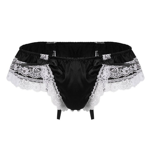 Elegant Gay Men's Sissy Panties: See-Through Mesh Lace Thongs with Bowknot Detail, Open Crotch Jockstrap, and Chic Bikini Underwear Cover