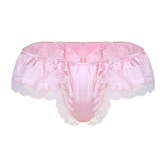 Elegant Gay Men's Sissy Panties: See-Through Mesh Lace Thongs with Bowknot Detail, Open Crotch Jockstrap, and Chic Bikini Underwear Cover