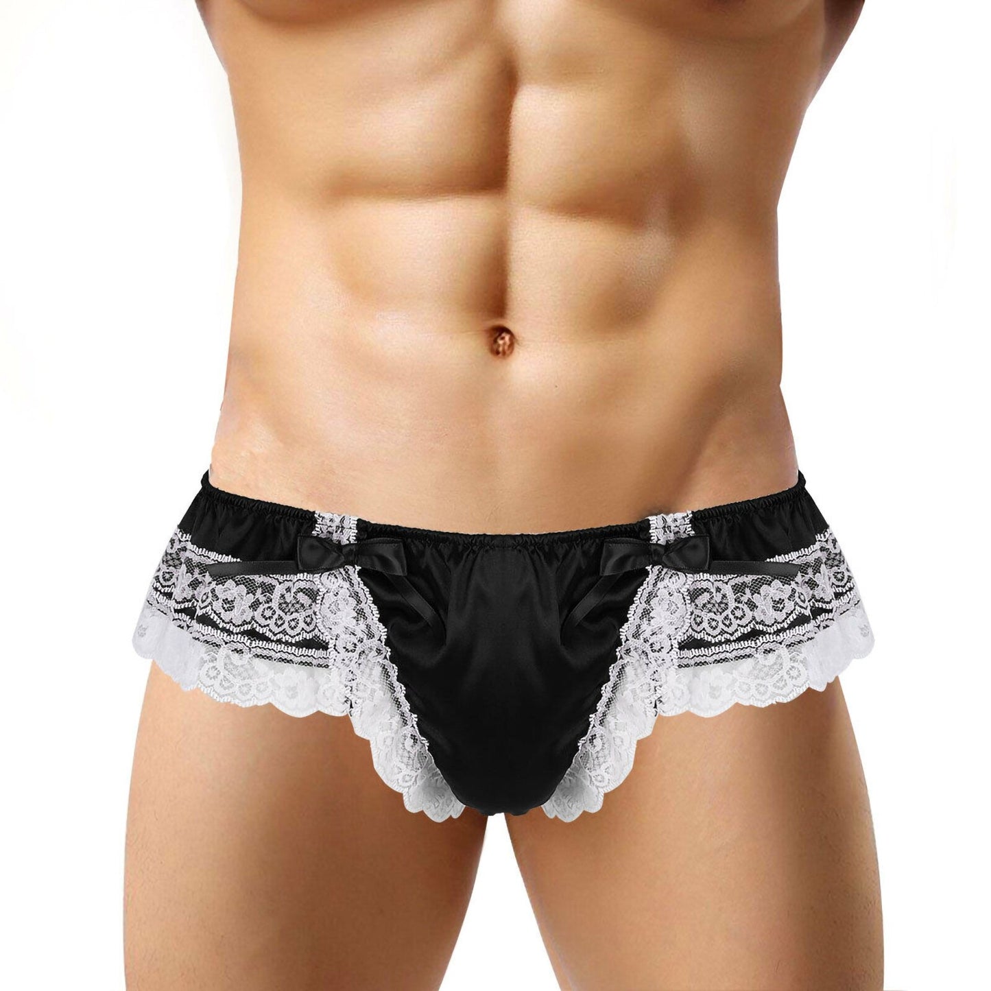 Elegant Gay Men's Sissy Panties: See-Through Mesh Lace Thongs with Bowknot Detail, Open Crotch Jockstrap, and Chic Bikini Underwear Cover