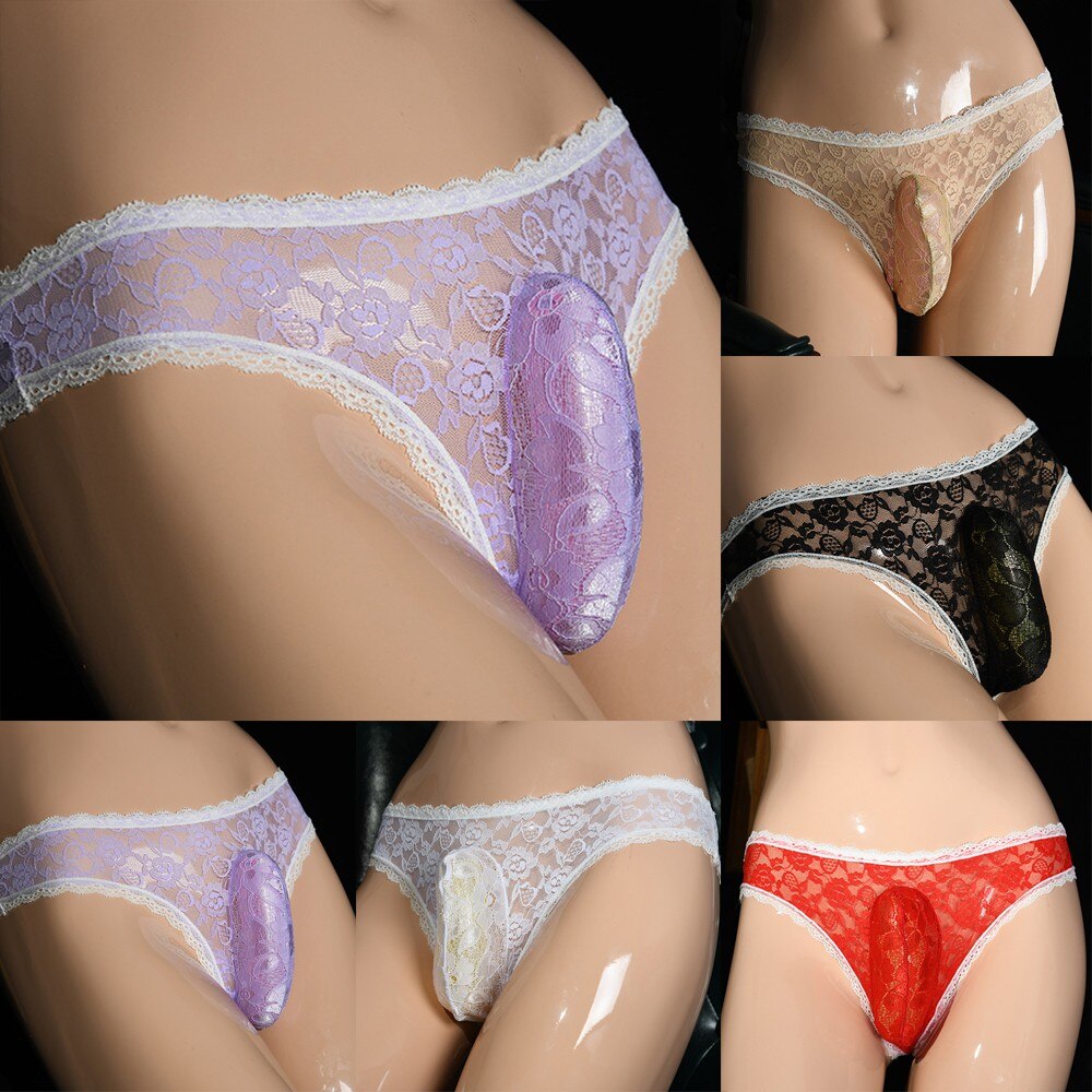 Men's Lace Floral See-Through Sissy Pouch Briefs Thong Gay Lingerie