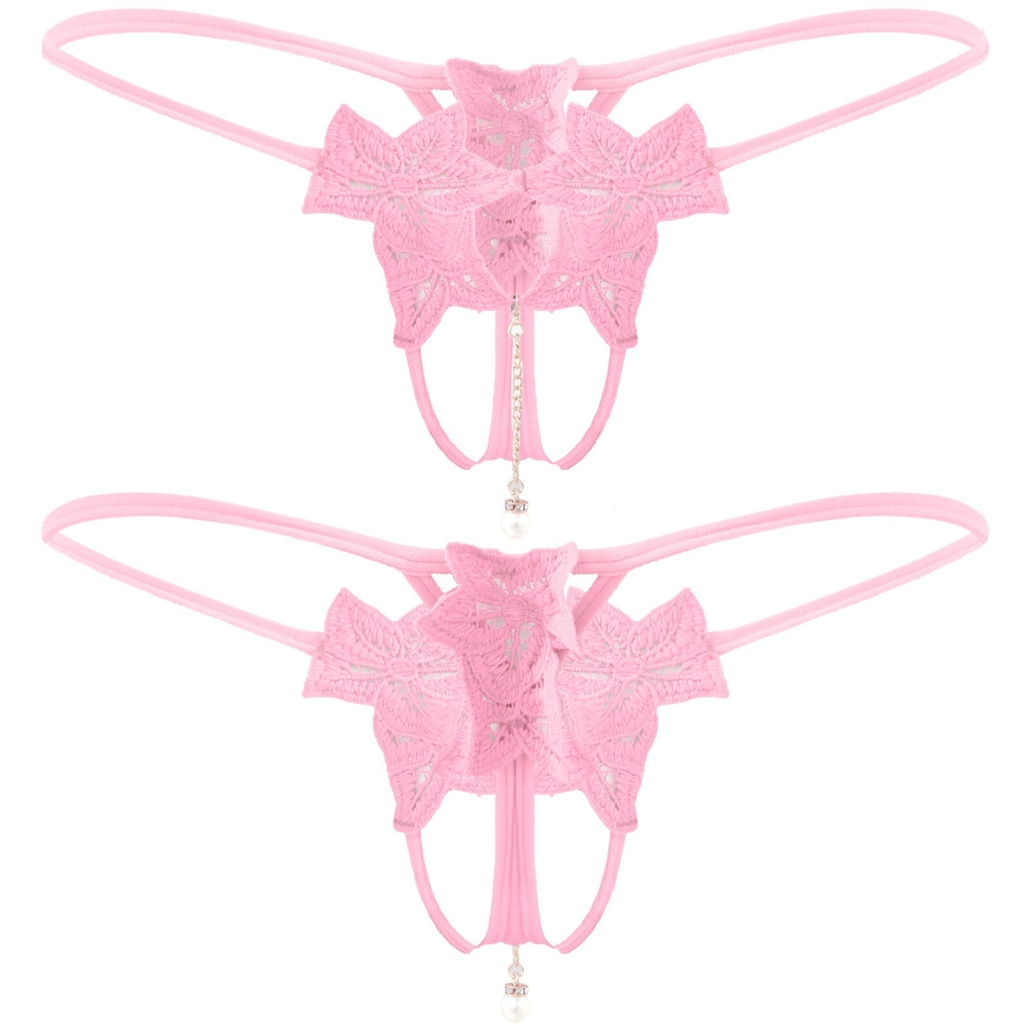 Men's Artificial Pearl Pendant Briefs - Flower Embroidery T-Back Thongs - Sissy Sexy Underwear with Crotchless Open Butt G-String Design