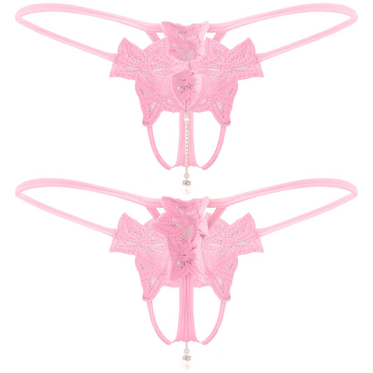 Men's Artificial Pearl Pendant Briefs - Flower Embroidery T-Back Thongs - Sissy Sexy Underwear with Crotchless Open Butt G-String Design
