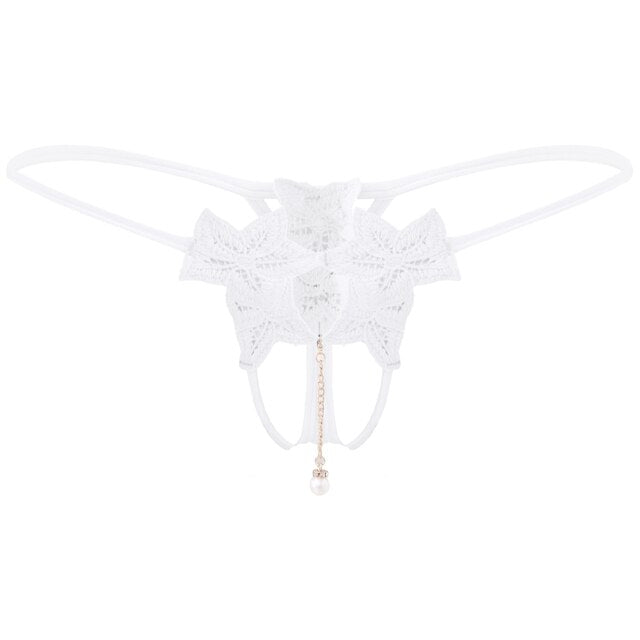 Men's Artificial Pearl Pendant Briefs - Flower Embroidery T-Back Thongs - Sissy Sexy Underwear with Crotchless Open Butt G-String Design