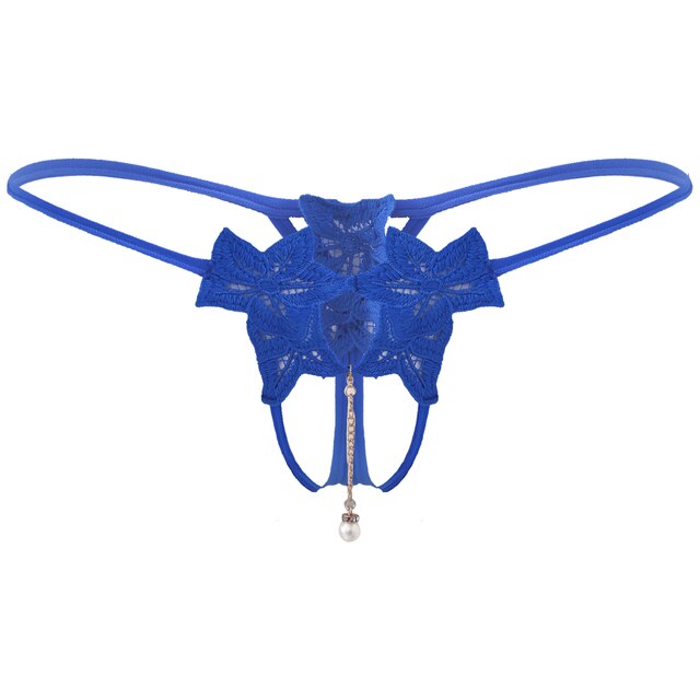Men's Artificial Pearl Pendant Briefs - Flower Embroidery T-Back Thongs - Sissy Sexy Underwear with Crotchless Open Butt G-String Design