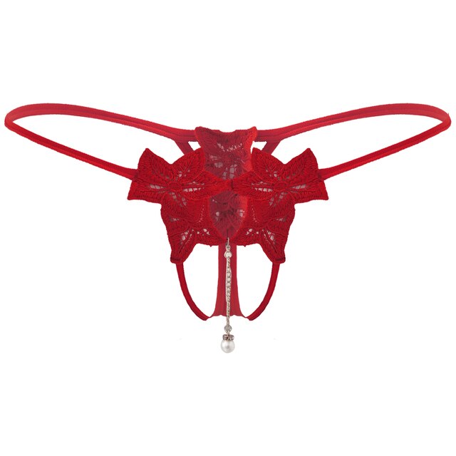 Men's Artificial Pearl Pendant Briefs - Flower Embroidery T-Back Thongs - Sissy Sexy Underwear with Crotchless Open Butt G-String Design
