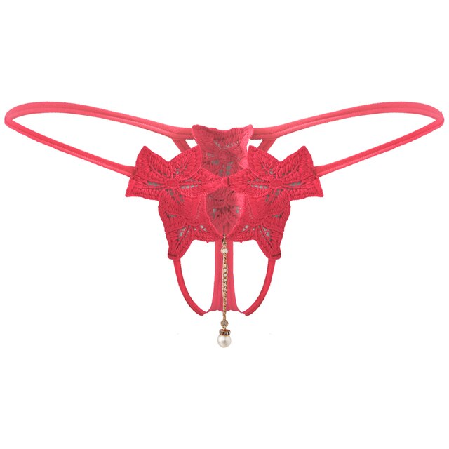 Men's Artificial Pearl Pendant Briefs - Flower Embroidery T-Back Thongs - Sissy Sexy Underwear with Crotchless Open Butt G-String Design