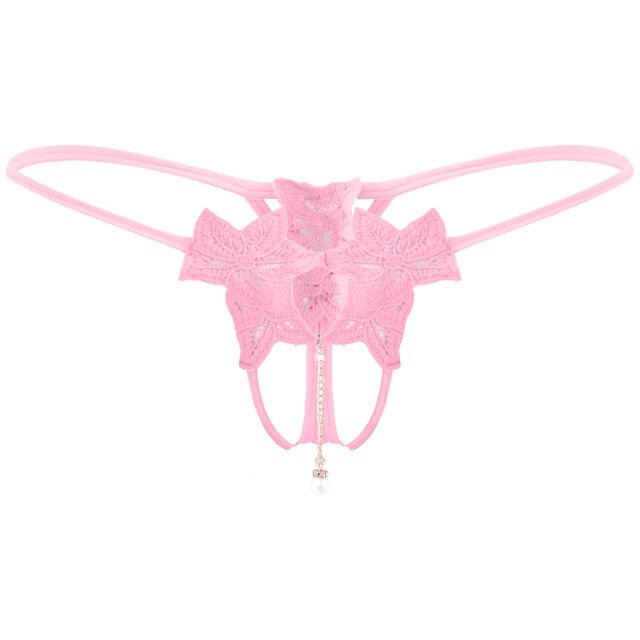 Men's Artificial Pearl Pendant Briefs - Flower Embroidery T-Back Thongs - Sissy Sexy Underwear with Crotchless Open Butt G-String Design