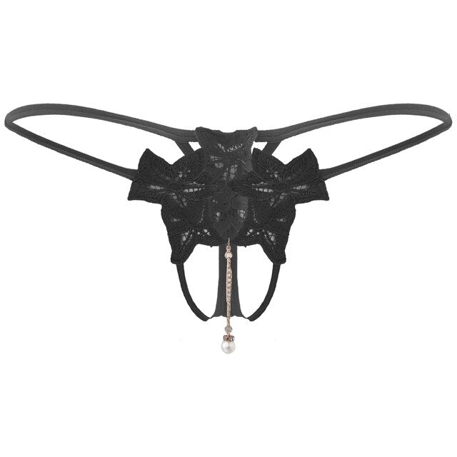 Men's Artificial Pearl Pendant Briefs - Flower Embroidery T-Back Thongs - Sissy Sexy Underwear with Crotchless Open Butt G-String Design