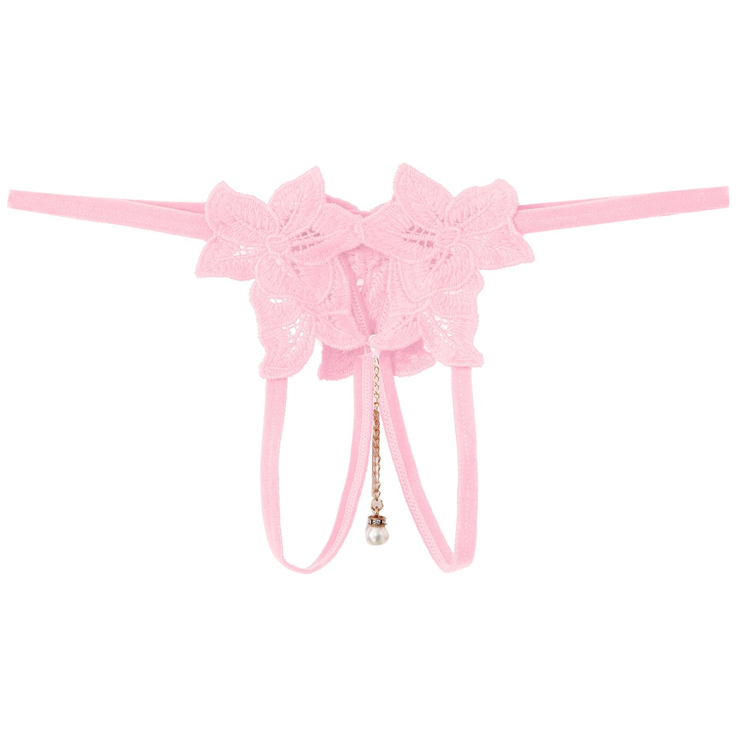 Men's Artificial Pearl Pendant Briefs - Flower Embroidery T-Back Thongs - Sissy Sexy Underwear with Crotchless Open Butt G-String Design