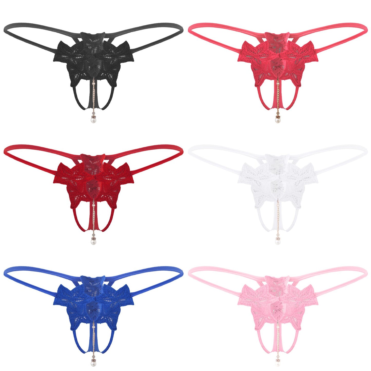 Men's Artificial Pearl Pendant Briefs - Flower Embroidery T-Back Thongs - Sissy Sexy Underwear with Crotchless Open Butt G-String Design