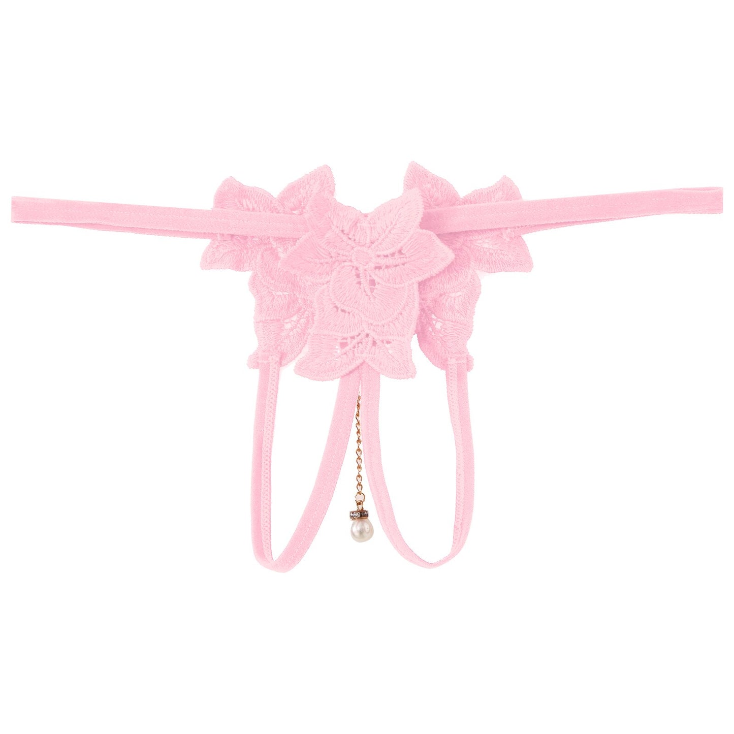 Men's Artificial Pearl Pendant Briefs - Flower Embroidery T-Back Thongs - Sissy Sexy Underwear with Crotchless Open Butt G-String Design