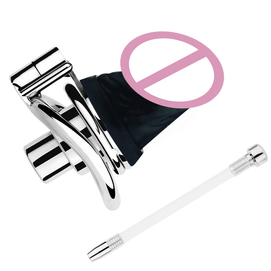 Metal Inverted Chastity Cage with Detachable Urethral Tube and Large Dildo