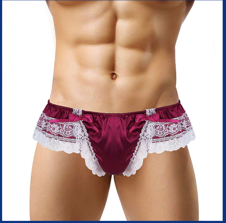 Elegant Gay Men's Sissy Panties: See-Through Mesh Lace Thongs with Bowknot Detail, Open Crotch Jockstrap, and Chic Bikini Underwear Cover