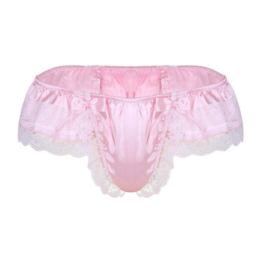 Elegant Gay Men's Sissy Panties: See-Through Mesh Lace Thongs with Bowknot Detail, Open Crotch Jockstrap, and Chic Bikini Underwear Cover