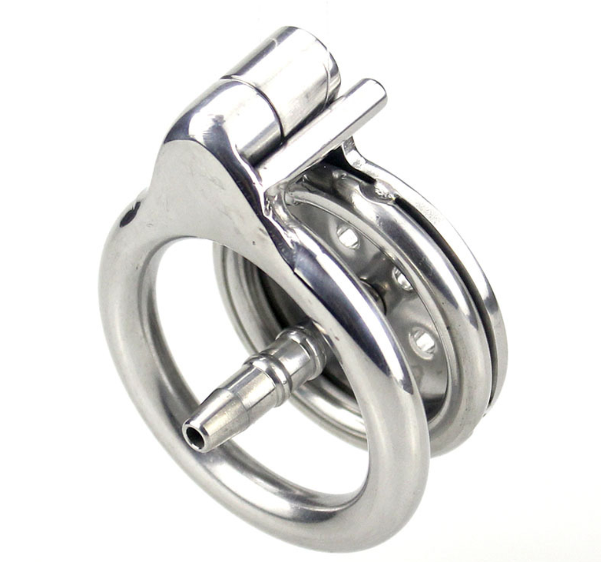 Tablet Metal Chastity Cage featuring a Built-in Tube