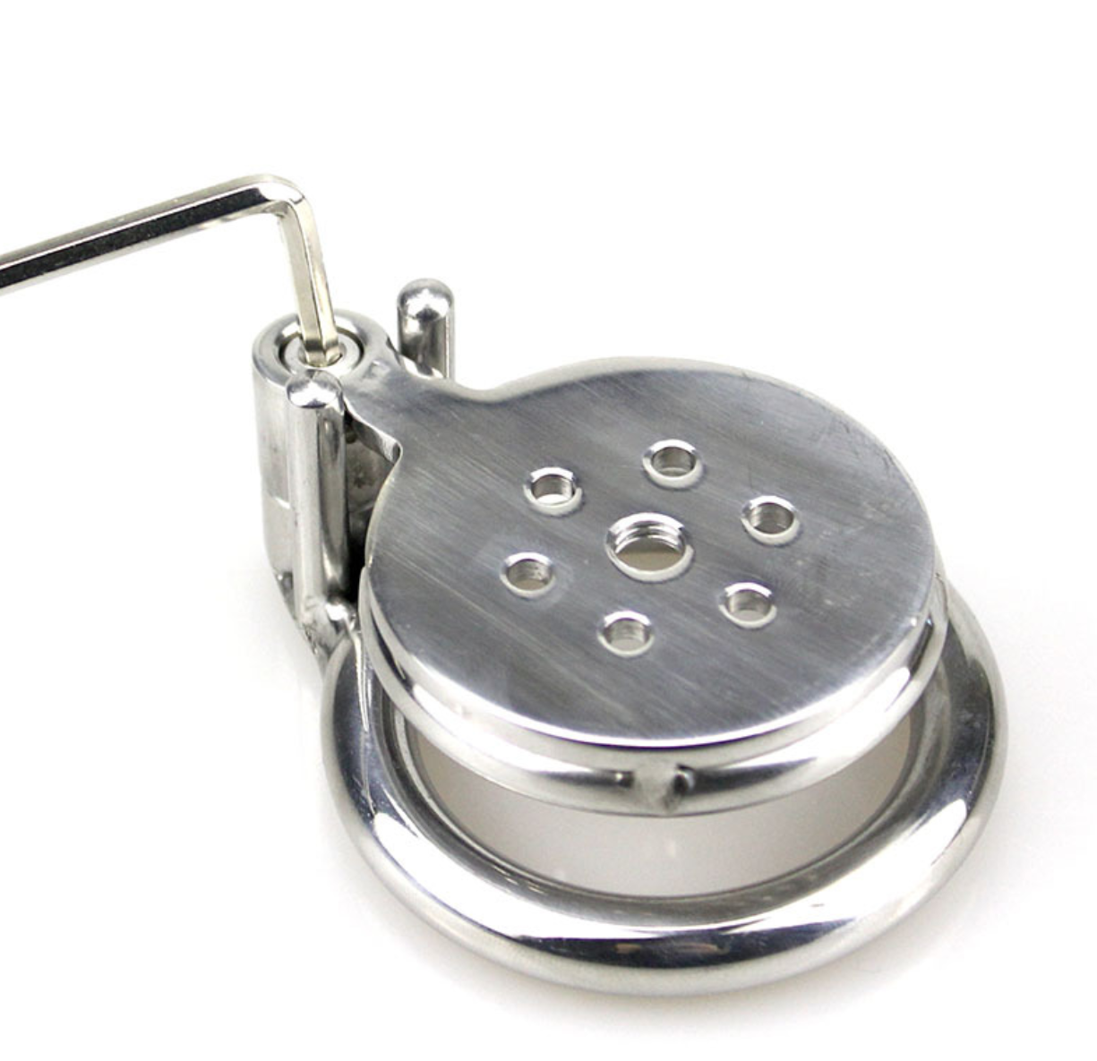 Tablet Metal Chastity Cage featuring a Built-in Tube