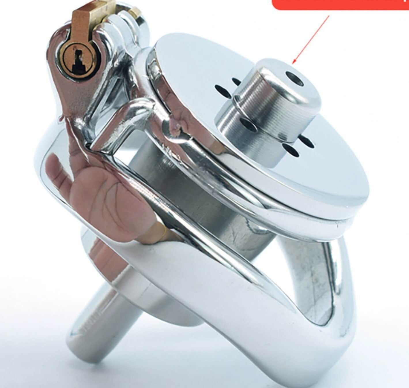 Flat Chastity Cage featuring a Built-in Catheter